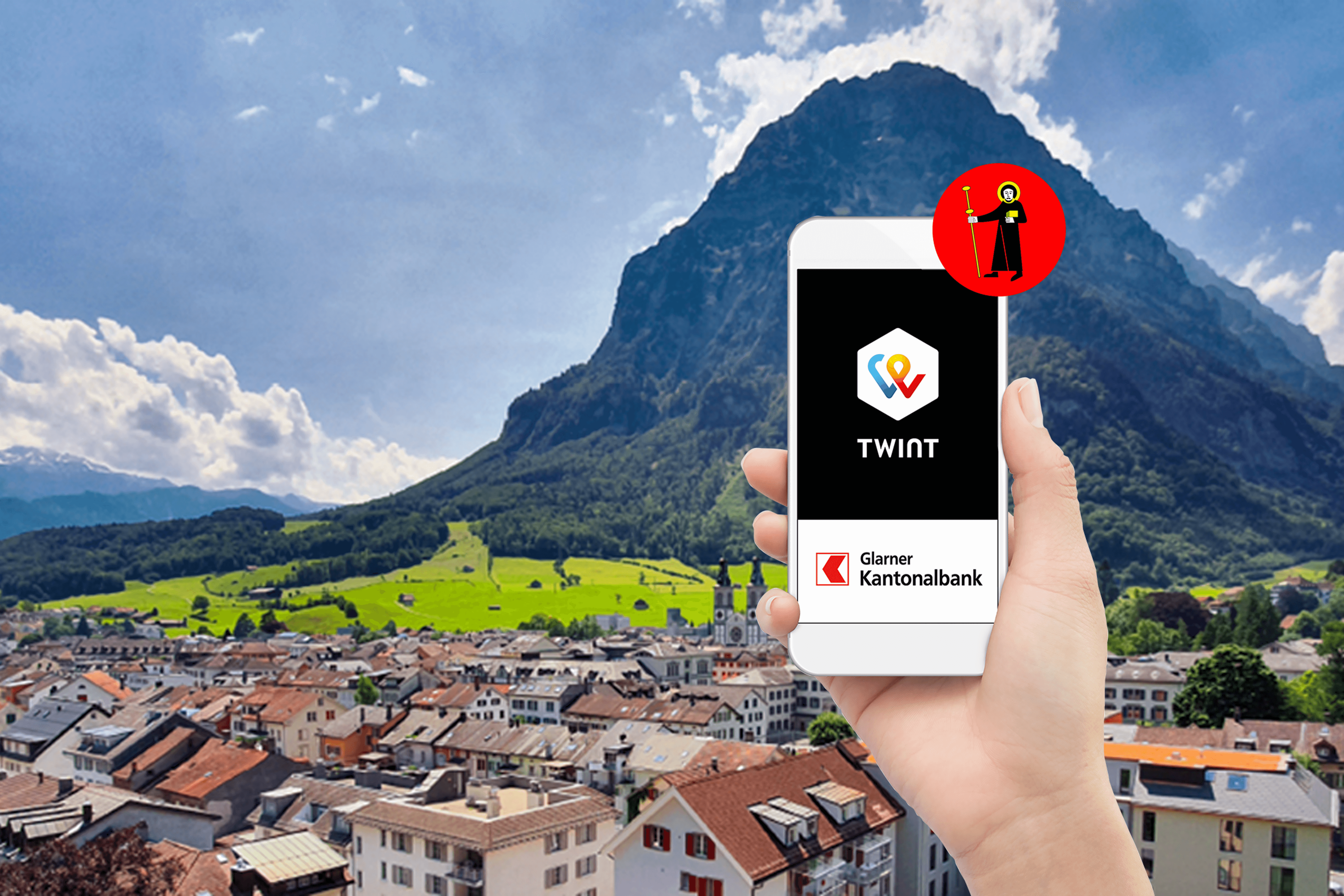 Glarnerland im Hintergrund und im Vordergrund ein Smartphone mit dem GLKB TWINT App