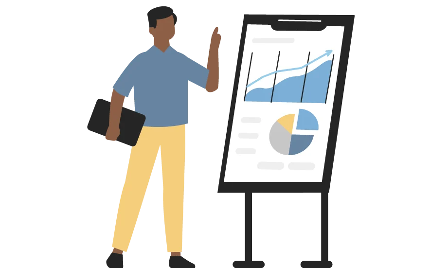 Illustration Person steht vor einer Tafel mit Statistiken