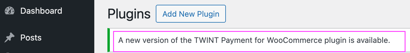 Statusmeldung im WordPress-Admin: TWINT-Plugin ist bereits auf dem neuesten Stand
