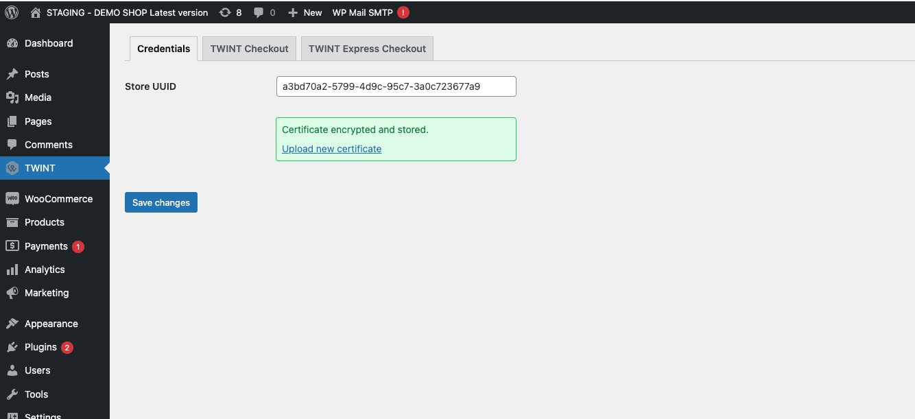 TWINT-Plugin-Einstellungen: Eingabefelder für Store UUID, Zertifikatsdatei und Zertifikatspasswort