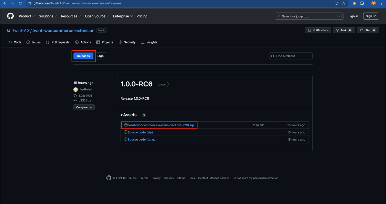 GitHub-Releases-Seite des TWINT-WooCommerce-Plugins mit der herunterladbaren ZIP-Datei