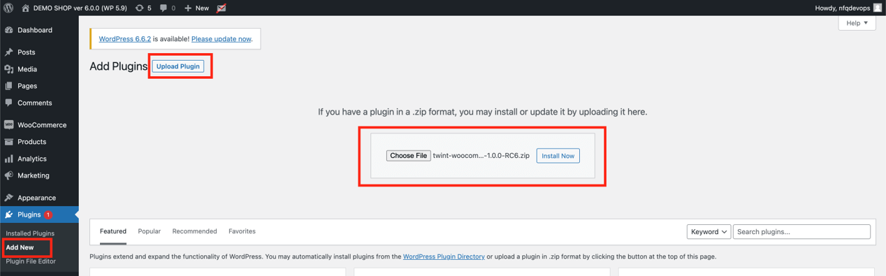 WordPress-Admin „Plugin hinzufügen“: Schaltfläche „Plugin hochladen“ mit Dateiauswahl für die TWINT-ZIP-Datei