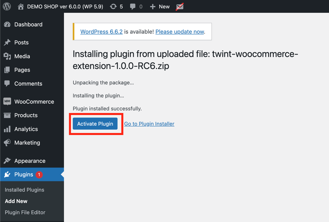 WordPress-Admin nach erfolgreichem Plugin-Upload: Schaltfläche „Plugin aktivieren“ für das TWINT-Plugin