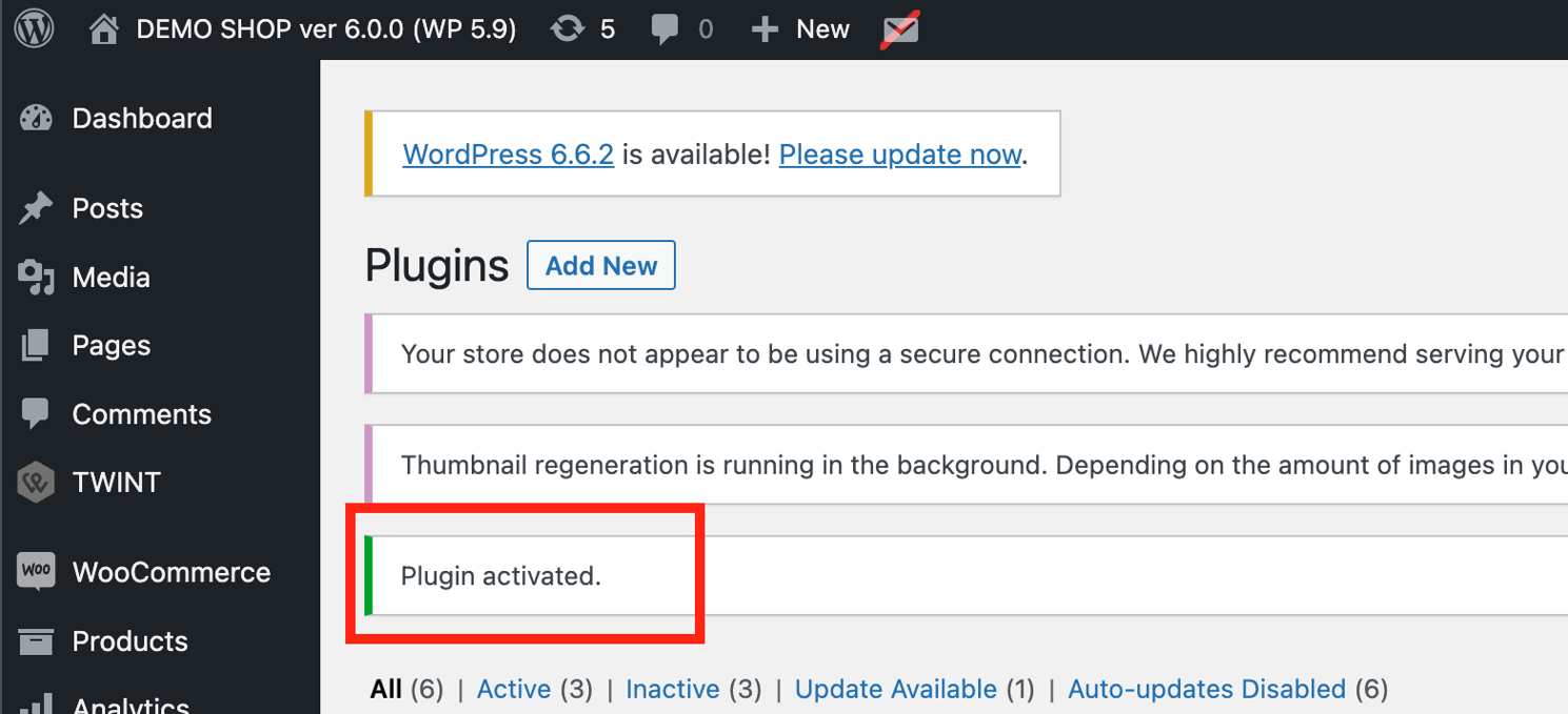 Bestätigungsmeldung „Plugin aktiviert“ im WordPress-Admin nach Aktivierung des TWINT-Plugins