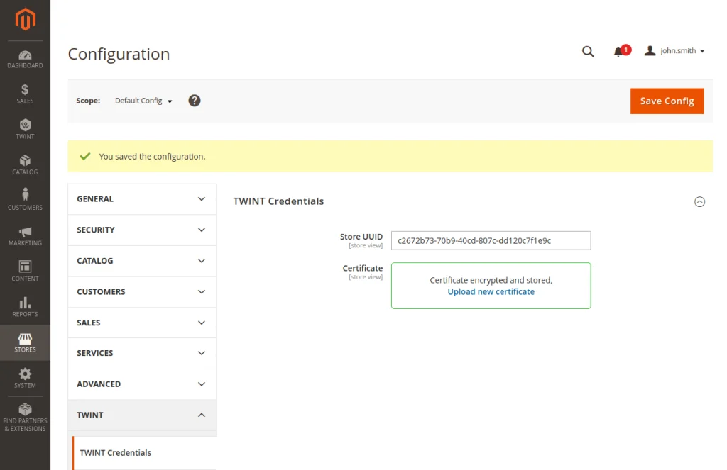 Magento Konfiguration Speichern