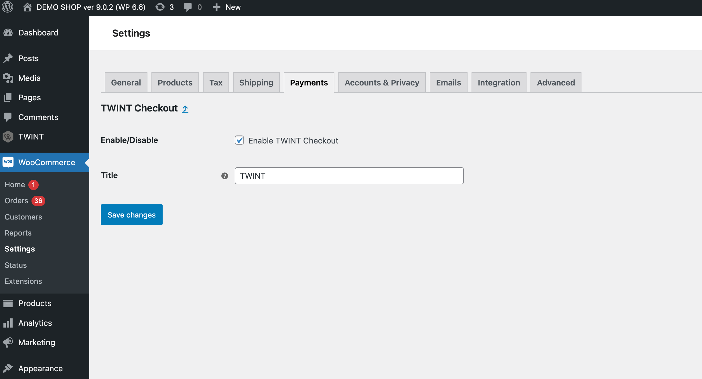 TWINT Checkout-Einstellungen mit aktivierter Checkbox „Enable TWINT Checkout“