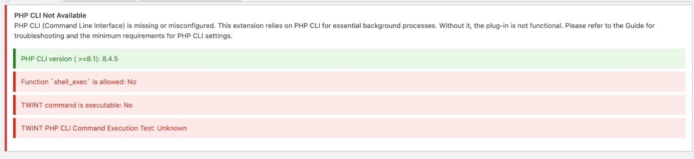 WooCommerce-Fehlermeldung: „PHP CLI nicht verfügbar“ beim TWINT-Plugin